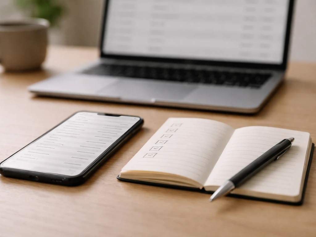 Smartphone showing a finance-related website on a desk beside a pen and checklist
