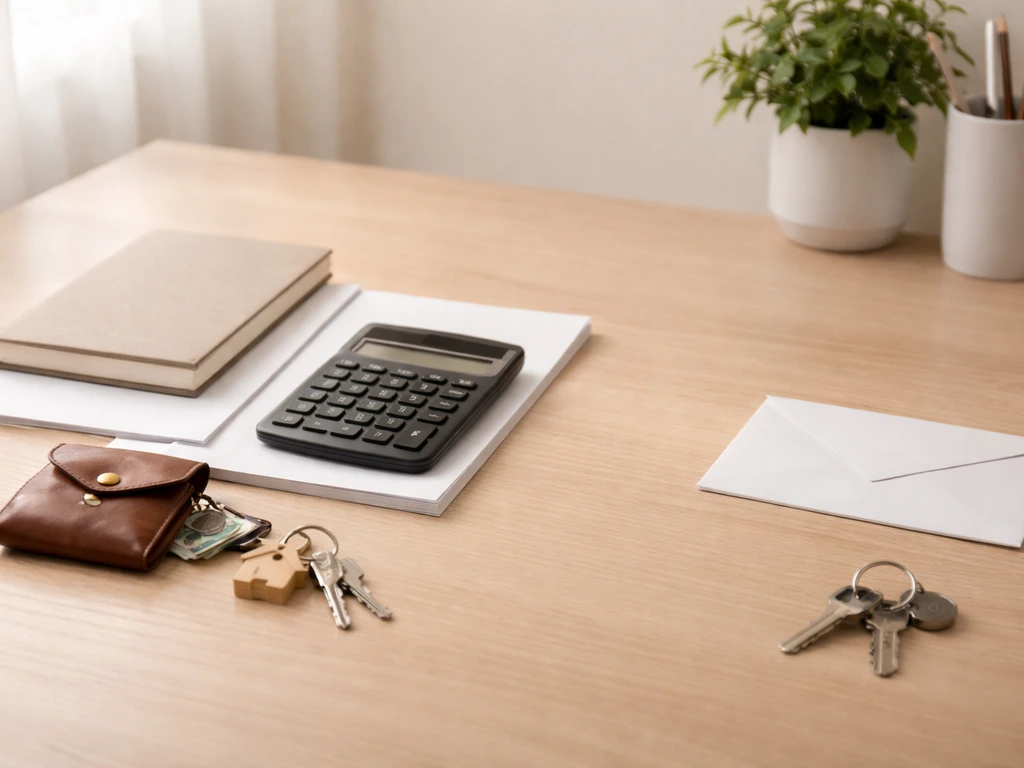 Minimal photo of an office desk with papers, a calculator, and a small money bag symbolizing assets and liabilities