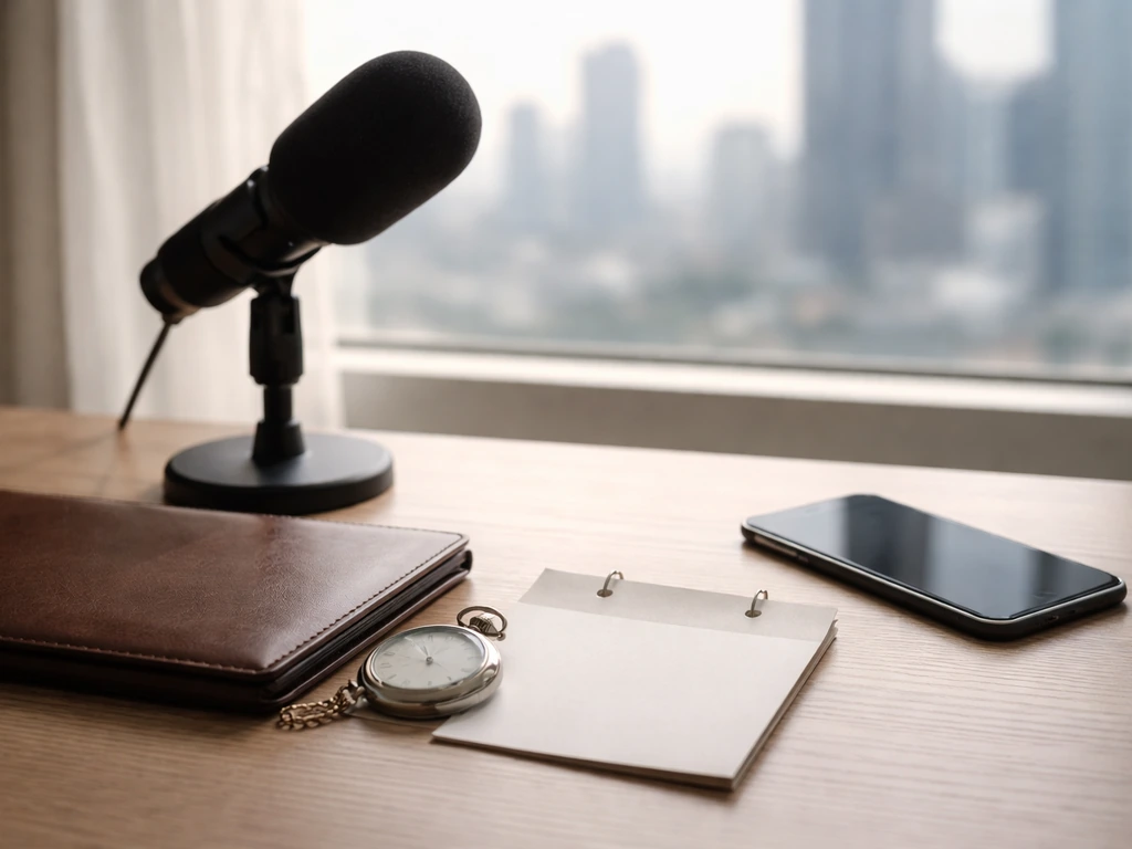 Minimal photo of an anonymous business desk with microphone and a closed leather portfolio beside a city window