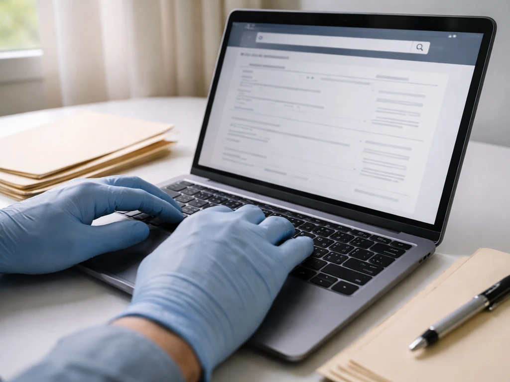 Hands searching court documents on a laptop, with folders and a pen for source credibility checks