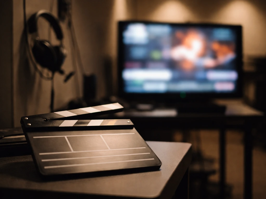 Minimal TV studio scene with a film clapper and muted lighting symbolizing network acting income sources.