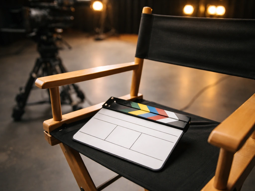 Blank clapperboard on a film soundstage with a director’s chair and blurred camera in the background.