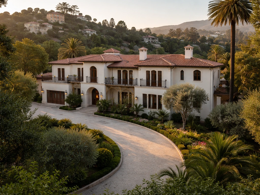 Aerial view of a Spanish-style mansion in Los Feliz Oaks with terracotta roof and arched windows.