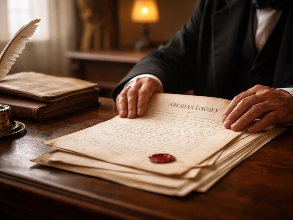 Hands in period attire reviewing probate papers on a wooden desk, with “Abraham Lincoln” on a document header.