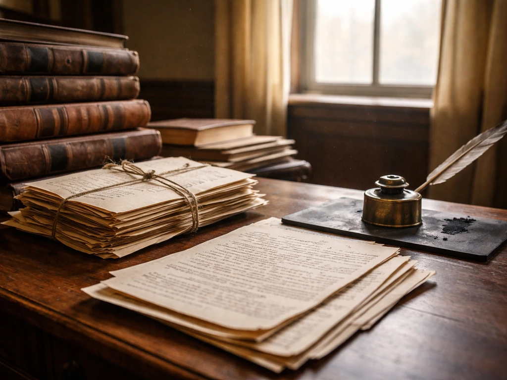 Antique law books, handwritten manuscripts, and a quill with ink on a wooden desk in soft window light.