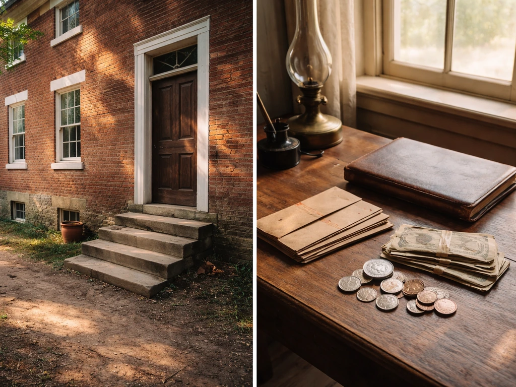 Sunlit Springfield home exterior with an anonymous desk vignette of old government bond envelopes and coins