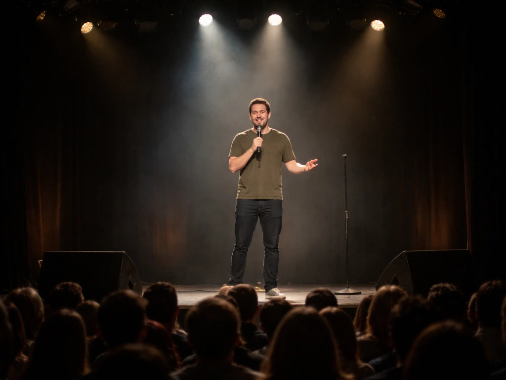 Stand-up comedian in spotlight on a theater stage with a blurred audience in the foreground.