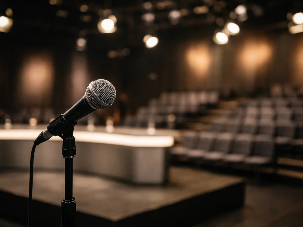 Empty TV studio scene with a microphone stand and softly lit stage background, no people visible.