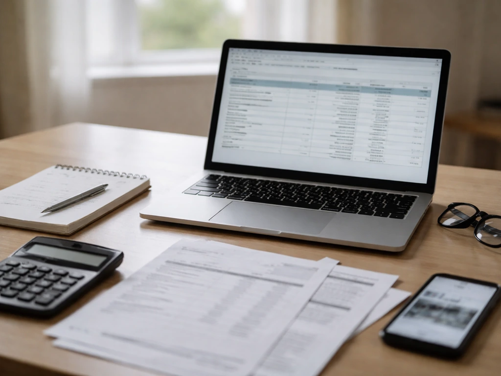 Anonymous office desk with laptop spreadsheets, calculator, notes, and documents representing net-worth research workflo