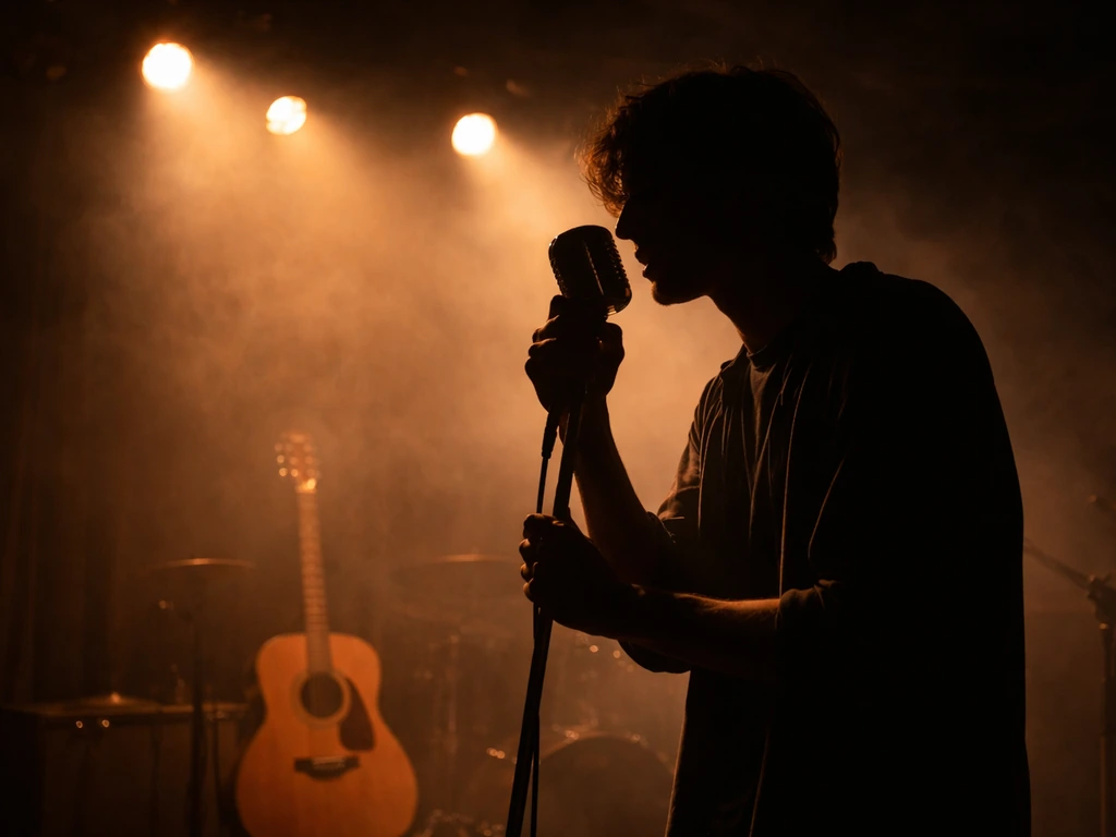 Anonymous singer silhouette at a live stage with a microphone and softly lit instruments in the background.