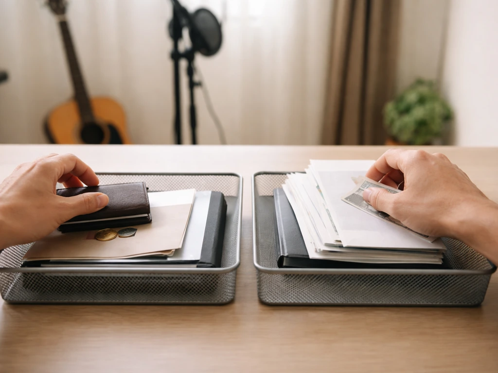 Hands sorting generic bills and cash-like items into two trays beside a studio microphone and guitar.