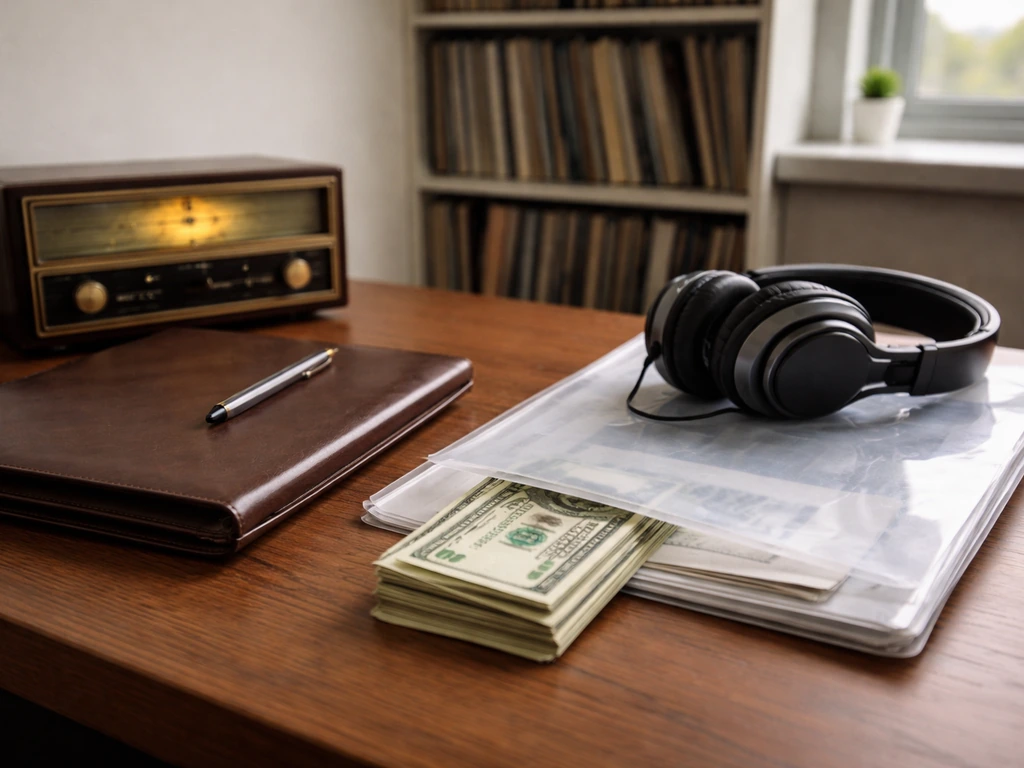 Minimal office desk scene with analog radio, headphones, and cash symbolizing rising wealth over career.