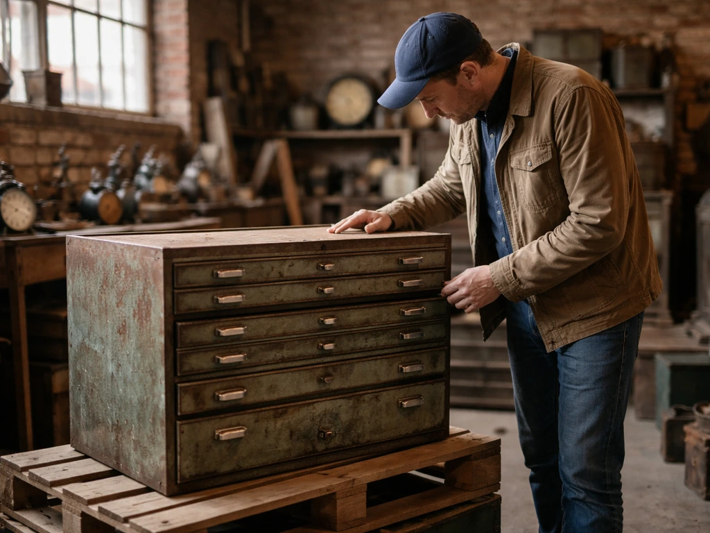 Anonymous antique dealer examining a vintage metal tool chest in a brick-walled store aisle.
