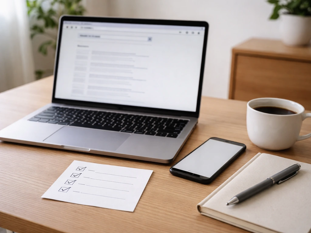 Minimal desk scene with laptop, phone, and a checklist card suggesting verifying updated figures.