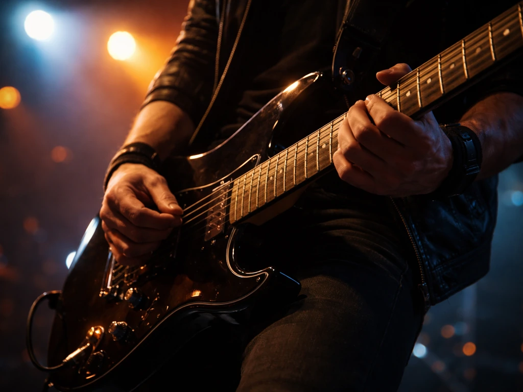 Close-up of a rock guitarist’s hands strumming under stage lights, with a guitar silhouette against dark background