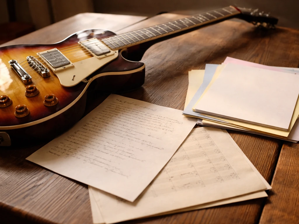 Vintage guitar resting on a handwritten lyric sheet with a music manuscript in a softly lit room