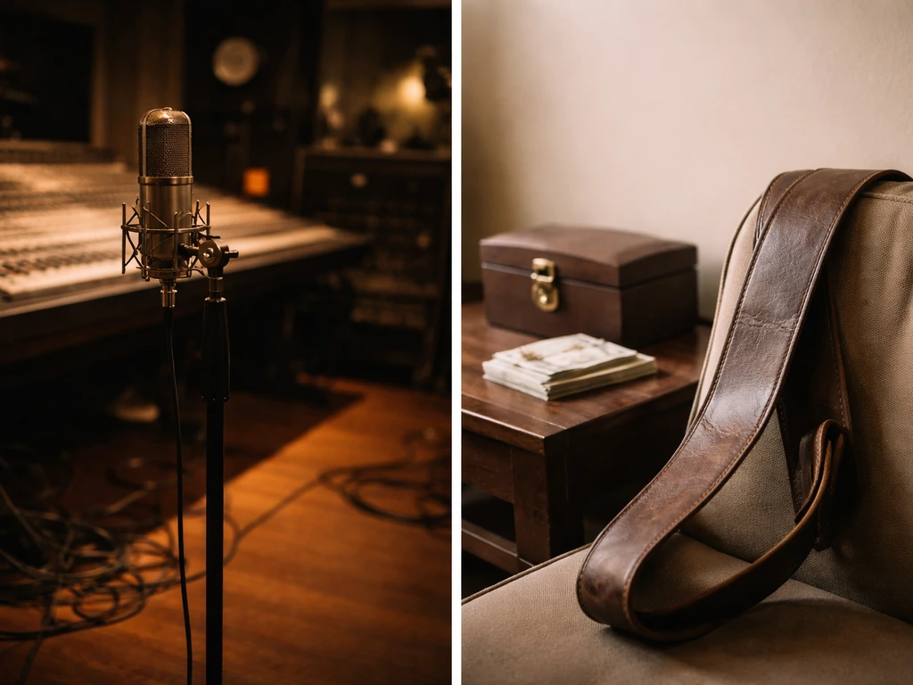 Split-screen: recording studio microphone vs a guitar strap beside a locked valuables box and plain cash.