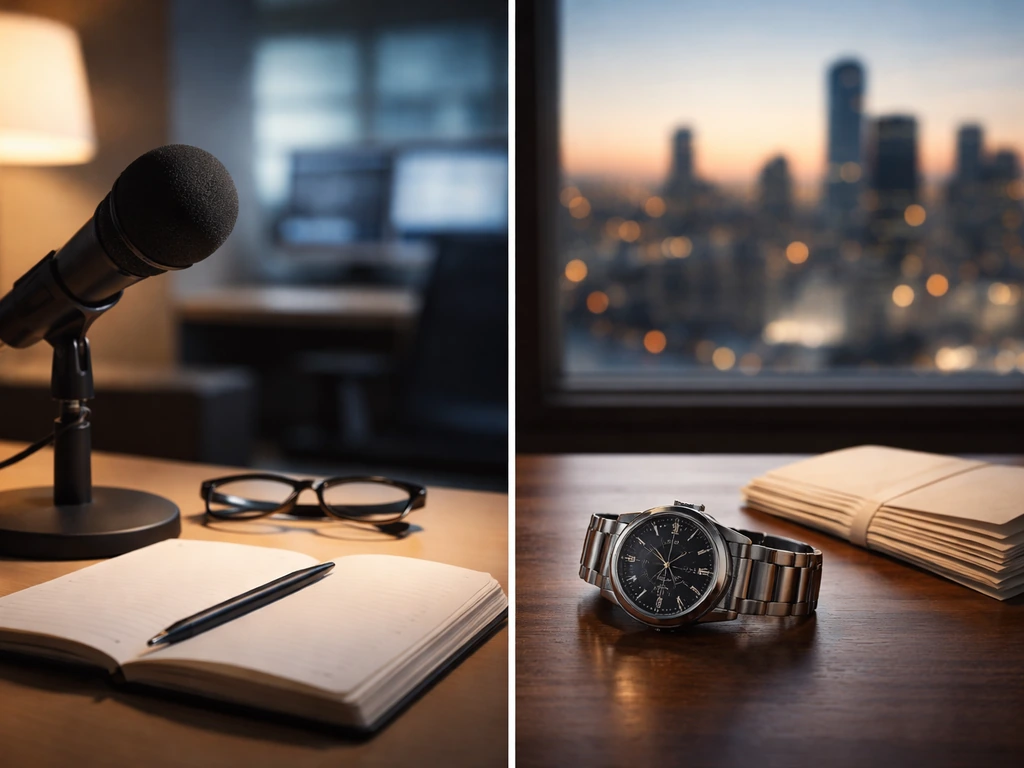 Split scene of a newsroom-style desk and a city skyline with subtle luxury cues, symbolizing media and wealth analysis.