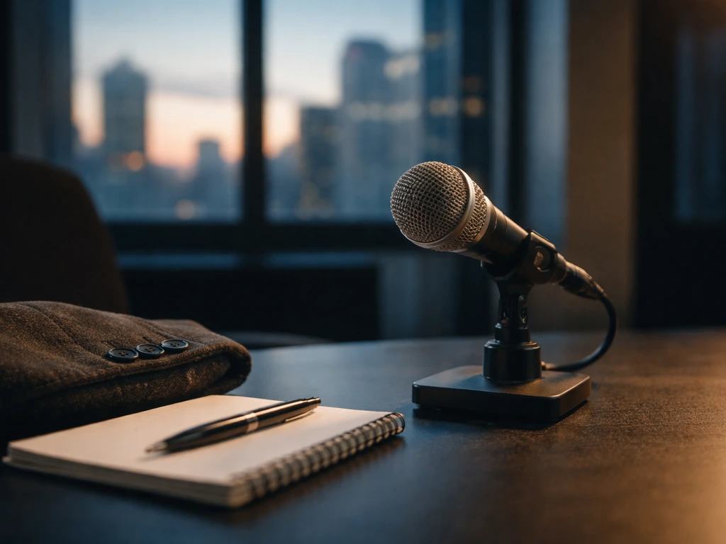 Close-up of a journalist-style desk with a microphone and a blurred city skyline backdrop