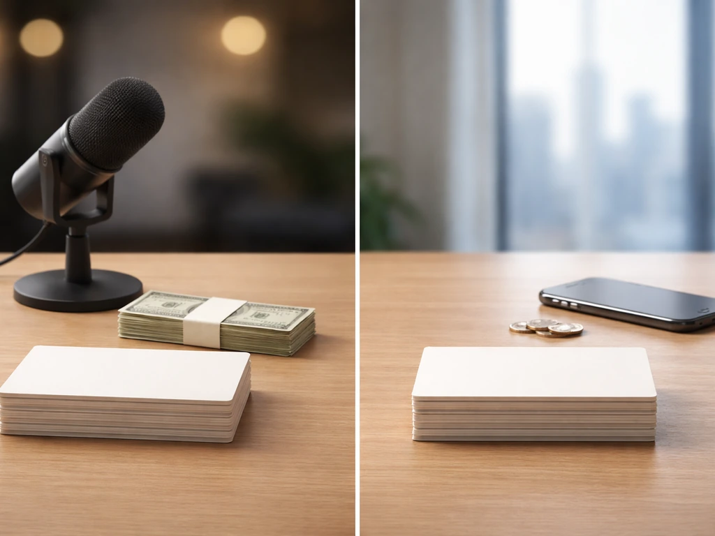 Minimal desk scene with two unlabeled notecards showing cash and media cues for a net worth range comparison