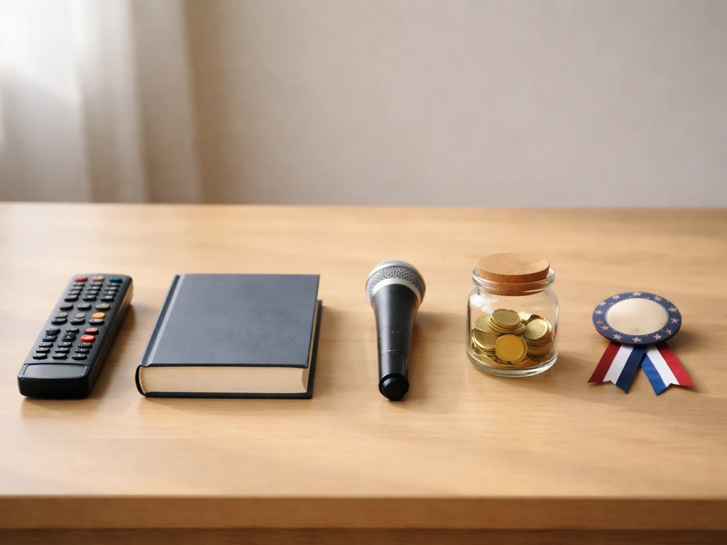 Minimal photo of a desk with five small icons representing TV salary, book, speaking, investments, and political activit