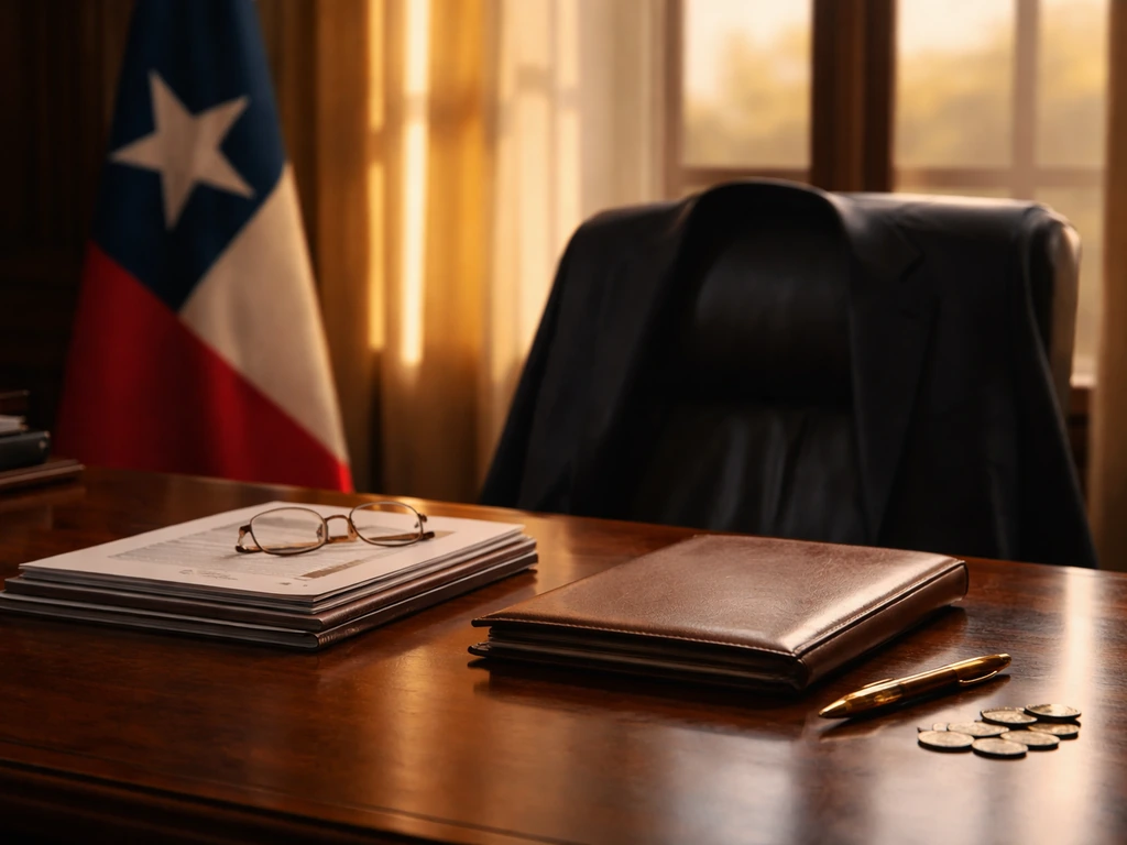 Minimal photo of a Texas-themed governor office desk with a neutral suit, symbolic wealth items, and blurred flag tones.