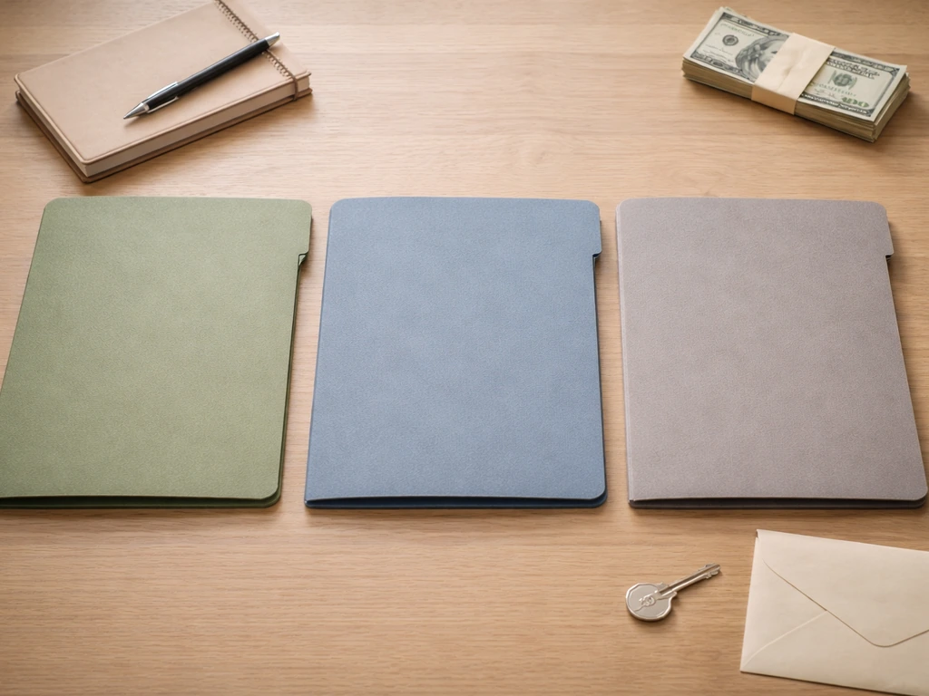 Minimal desk scene with three color-coded folders beside a notebook, pen, cash, and envelope.
