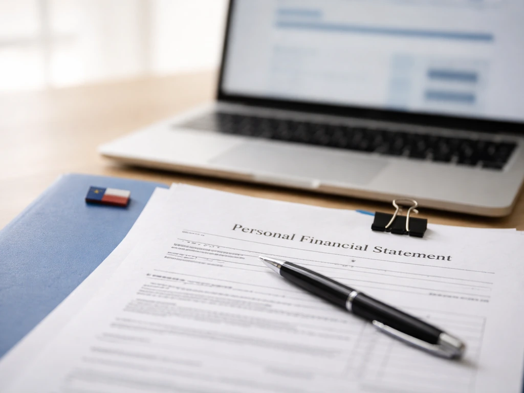 Close-up of Texas Personal Financial Statement papers next to a blurred filing portal on a laptop.
