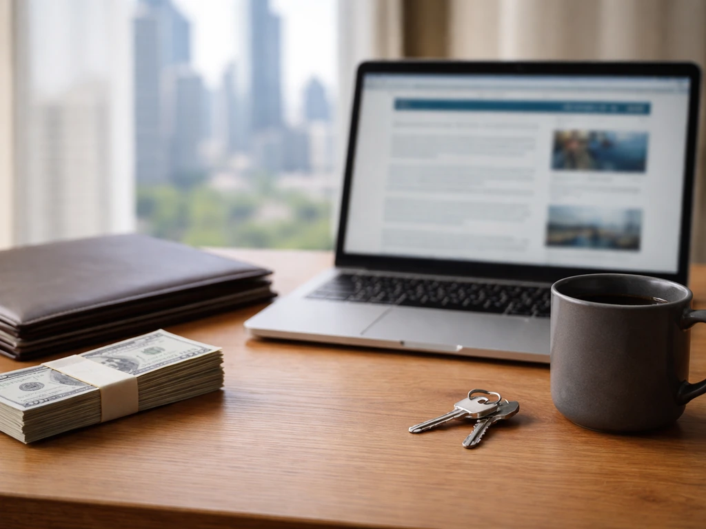 Minimal desk scene with a laptop and cash, suggesting a wide net-worth range and business analysis