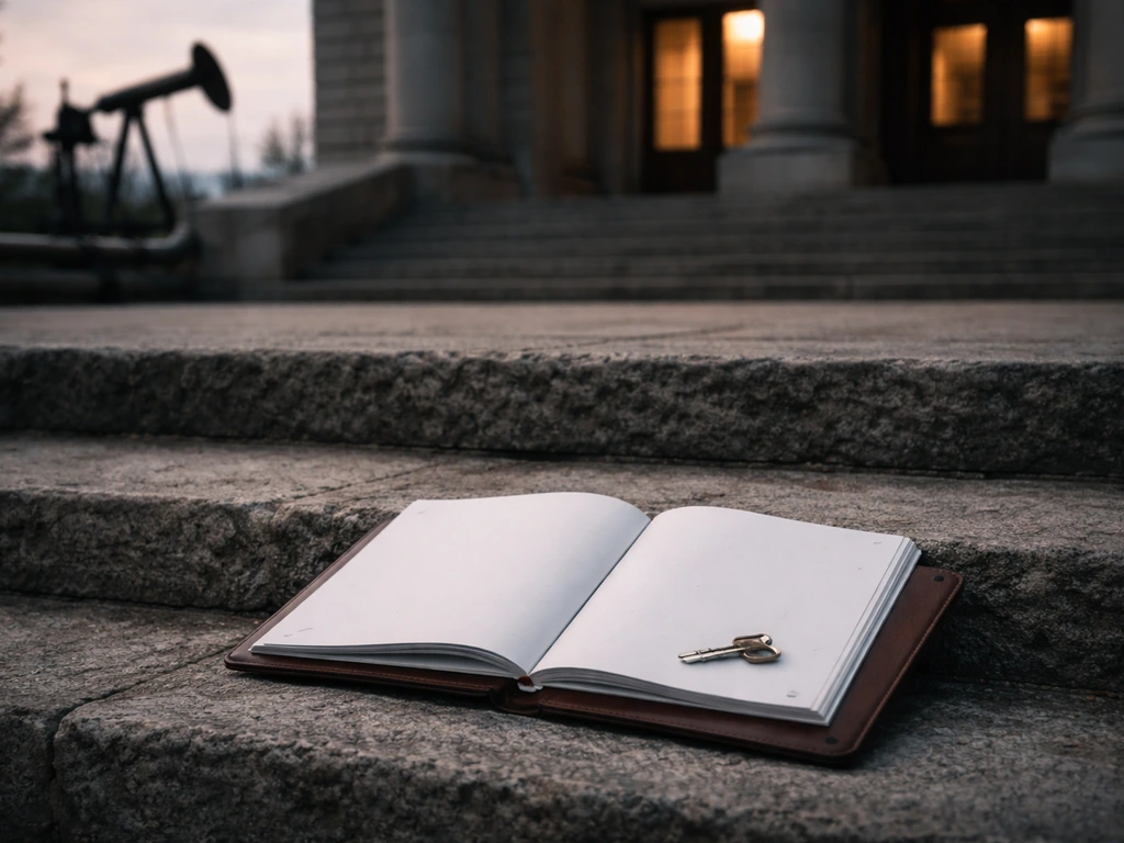 Courthouse steps with blank loan-collateral documents and subtle oilfield industrial background