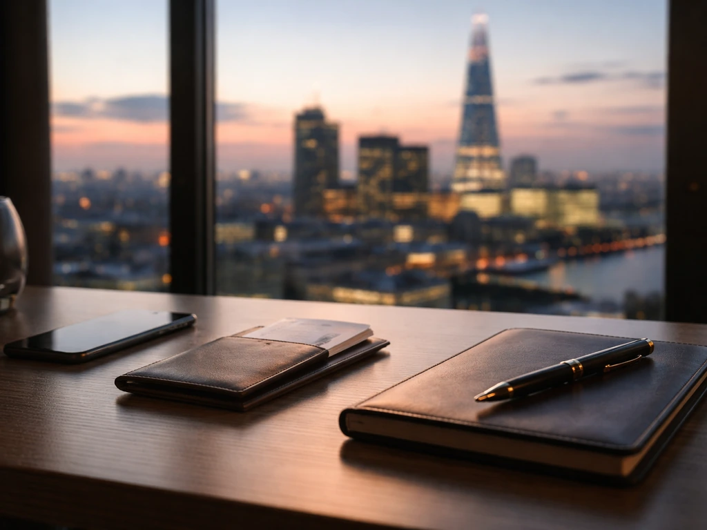 Minimal London office desk scene with travel items and financial/business cues, no person visible.