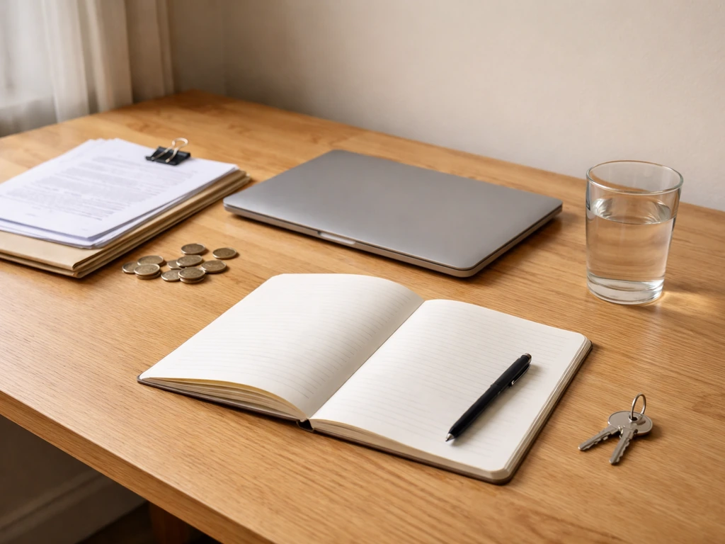 Minimal desk scene with keys, notebook, and scattered coins beside a closed laptop symbolizing net worth components.