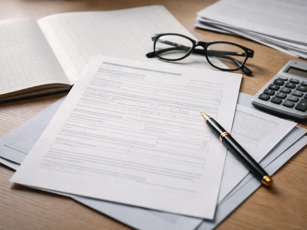 Close-up of blank office documents, ledger, calculator, and pen verifying public company records.