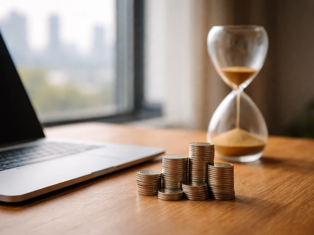 Minimal photo of a laptop and coin stack on a desk with a blurred city view, evoking wealth over time