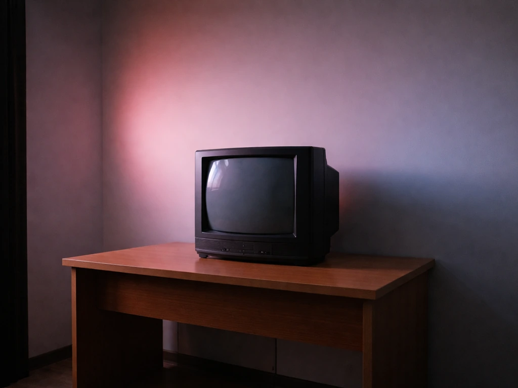 Empty studio set with a vintage TV and soft rainbow light hinting at late-1990s media breakthrough