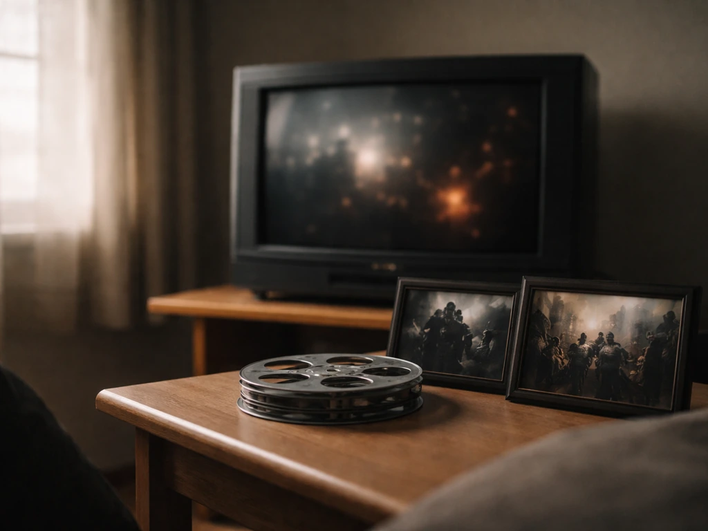 Minimal desk scene with an old TV set, film reel, and film stills suggesting acting income from major shows