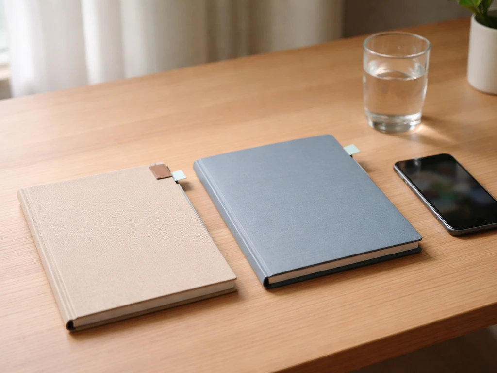 Minimal desk scene with two scattered folders and a smartphone showing muted news-style visuals, symbolizing differing e