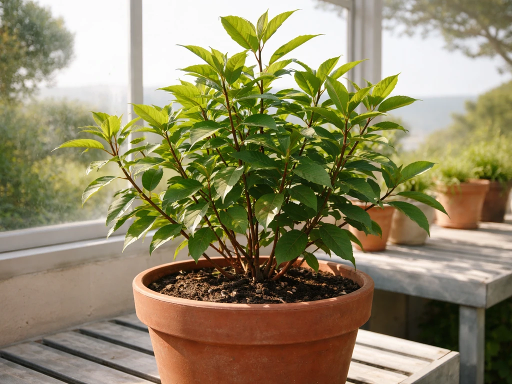 Khat shrub in a sunlit coastal greenhouse container, showing feasibility in warm controlled conditions.