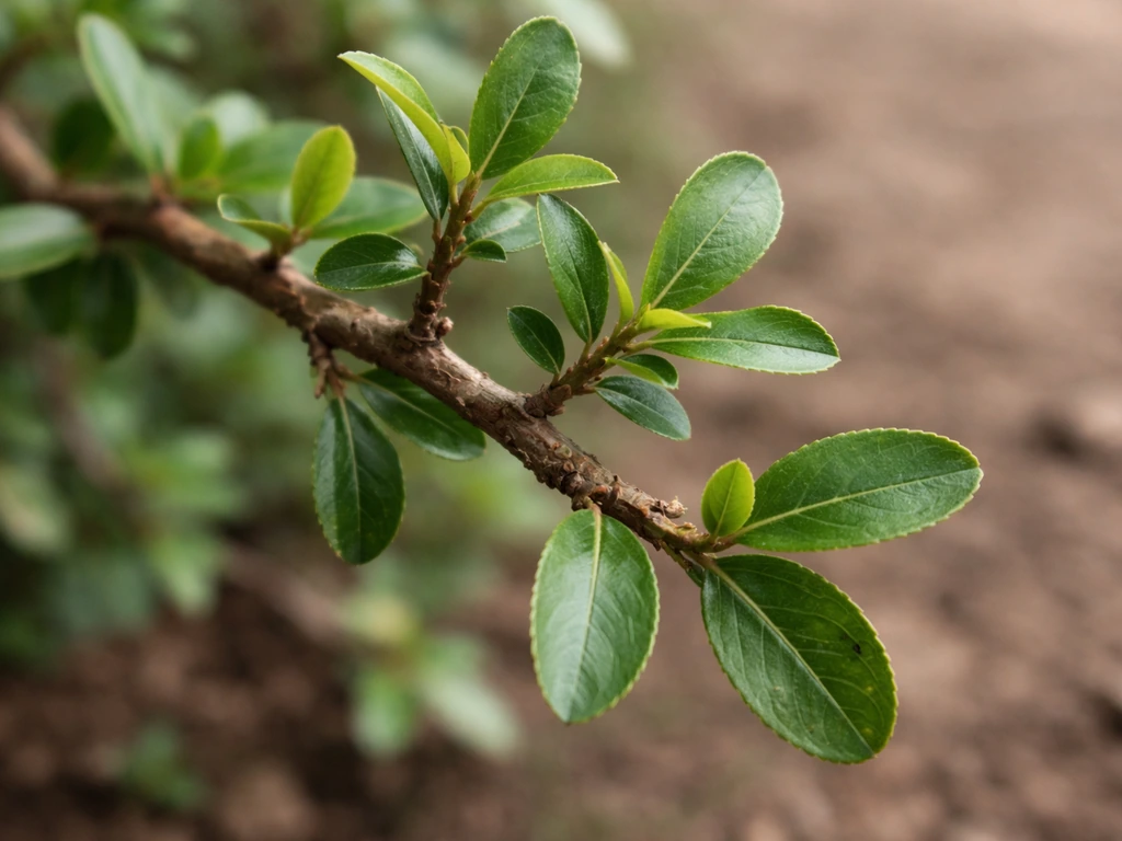 Close-up of a khat (Catha edulis) shrub with glossy leaves and woody stems in natural light.