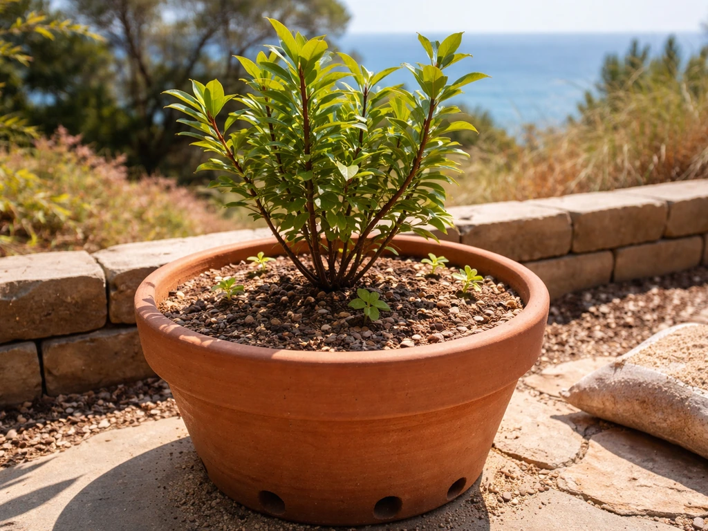 Sunny Southern California patio with a small protected shrub in a terracotta container and gravel drainage.