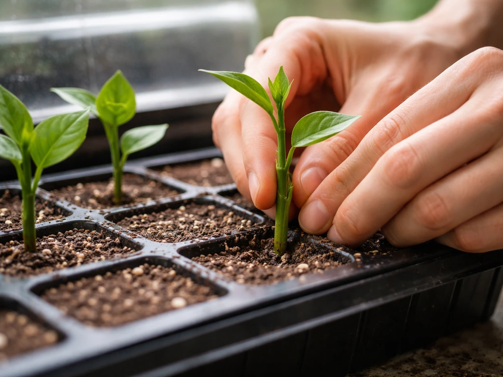 Close-up of semi-hardwood plant cutting in a seed-starting tray with moist starter medium