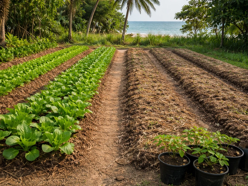 Minimal view of planted rows on a tropical island farm bed with clear season-ready patches