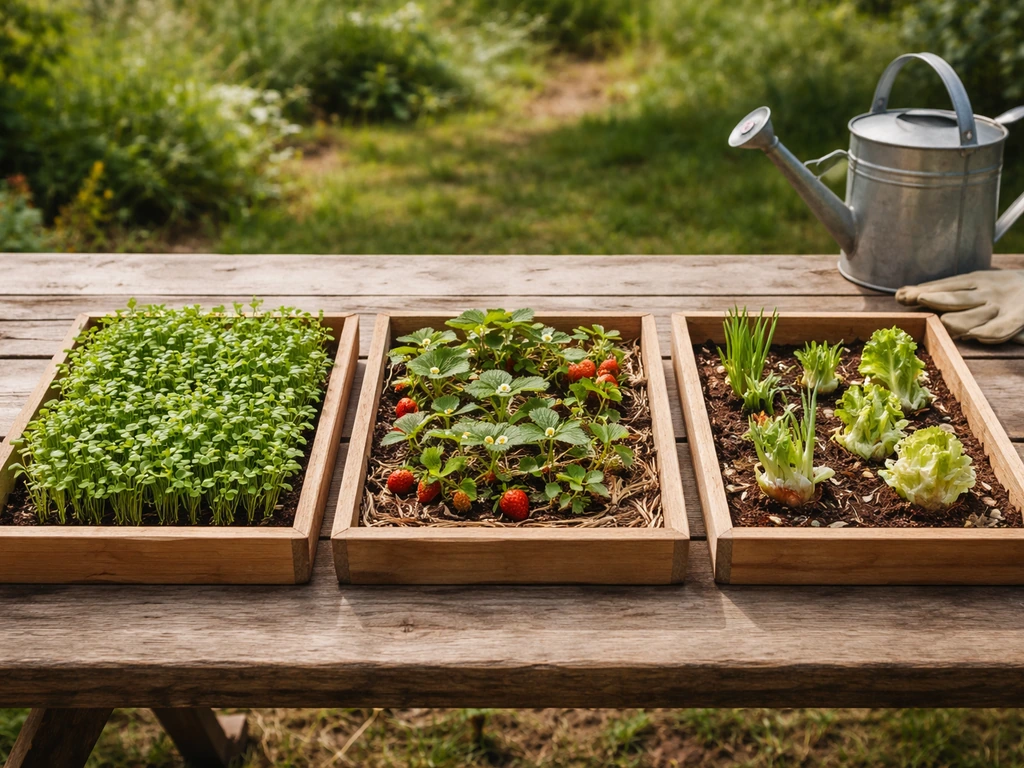 Three separate trays on a wooden table showing different regrowing-style crops in grouped rows.