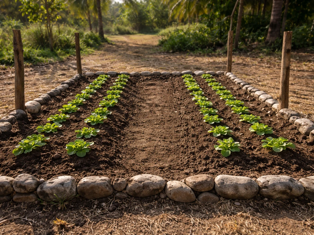 Tropical garden bed with normal-sized crops and no giant growth after planting.