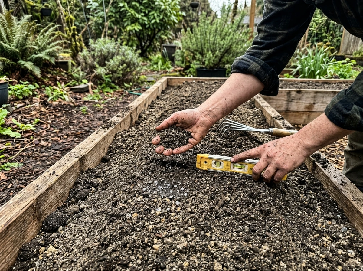 Raised saffron bed with gritty drainage soil mix for Crocus corms