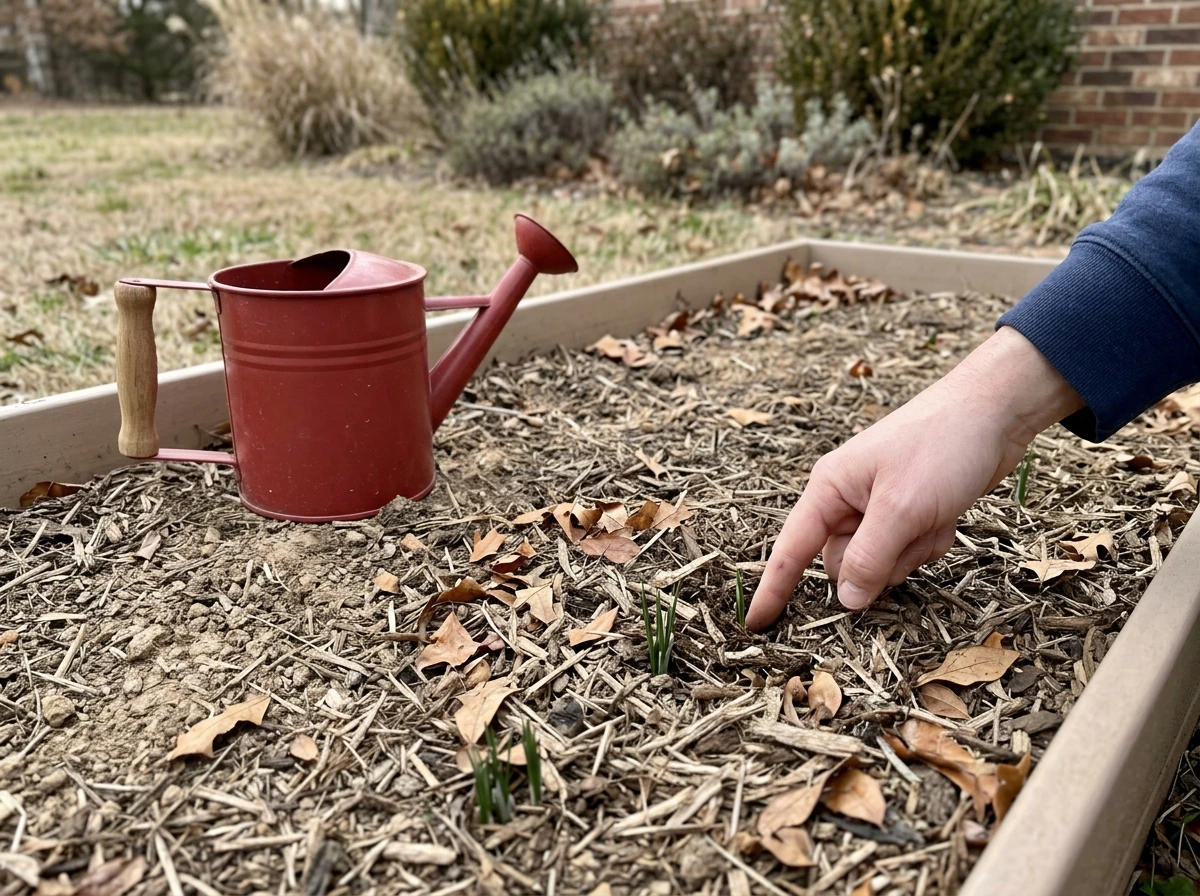 Thin mulch over saffron bed with leaves emerging; soil checked before watering