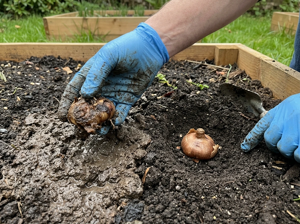 Comparison of rotten vs intact saffron corms due to wet soil