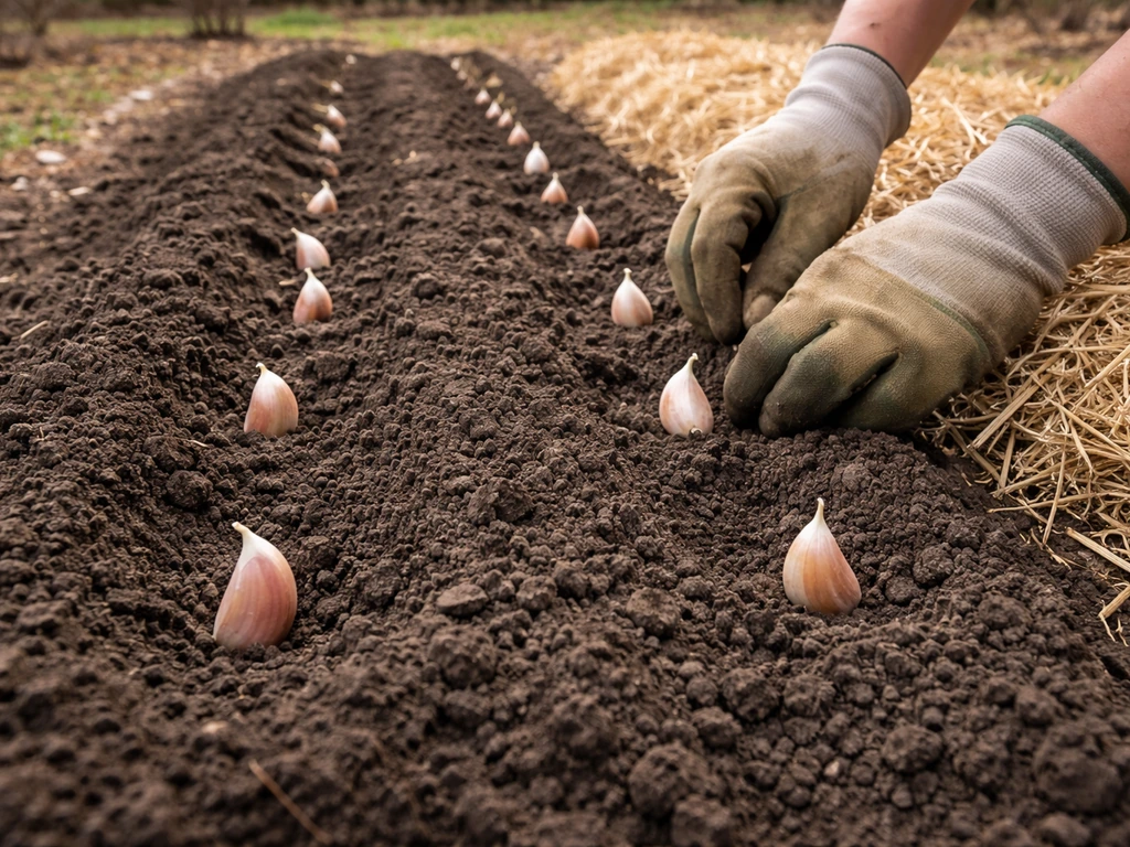 Gloved hands placing garlic cloves into a prepared fall garden bed with winter mulch in Indiana.