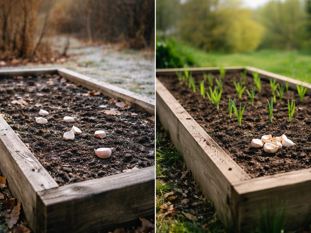 Minimal split garden scene with seed garlic—autumn planting bed on one side and spring thawed soil on the other.