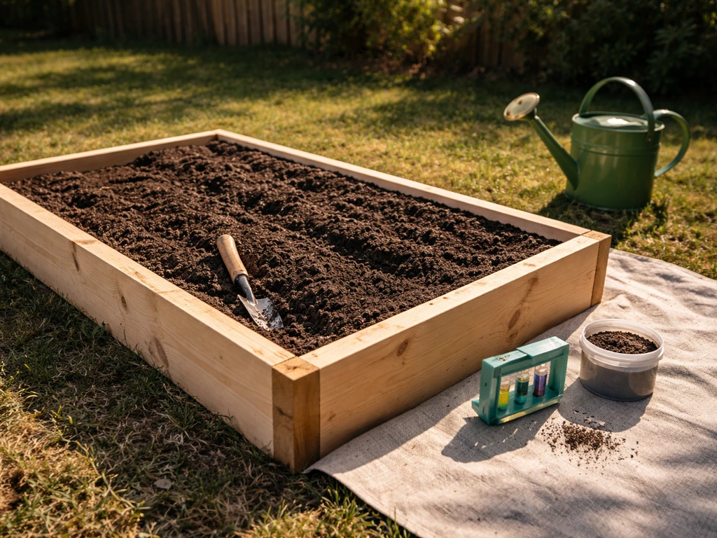 Raised garden bed in full-sun, with soil test kit and amendments laid out on a simple tarp.